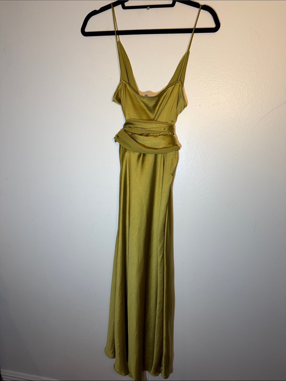 Zara Olive Chartreuse Satin Faux Wrap Silky Maxi Slip Dress Large Cocktail - Picture 5 of 12